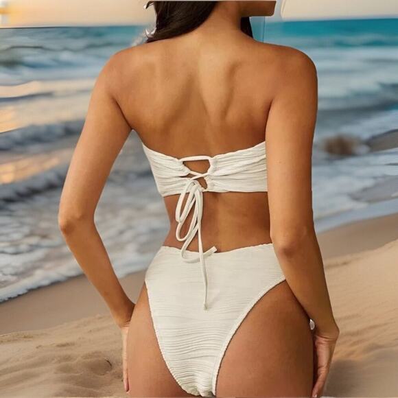 Zaful Women’s Bikini M Cream Bandeau Strapless Tie Back Cheeky Textured Set - Picture 2 of 11